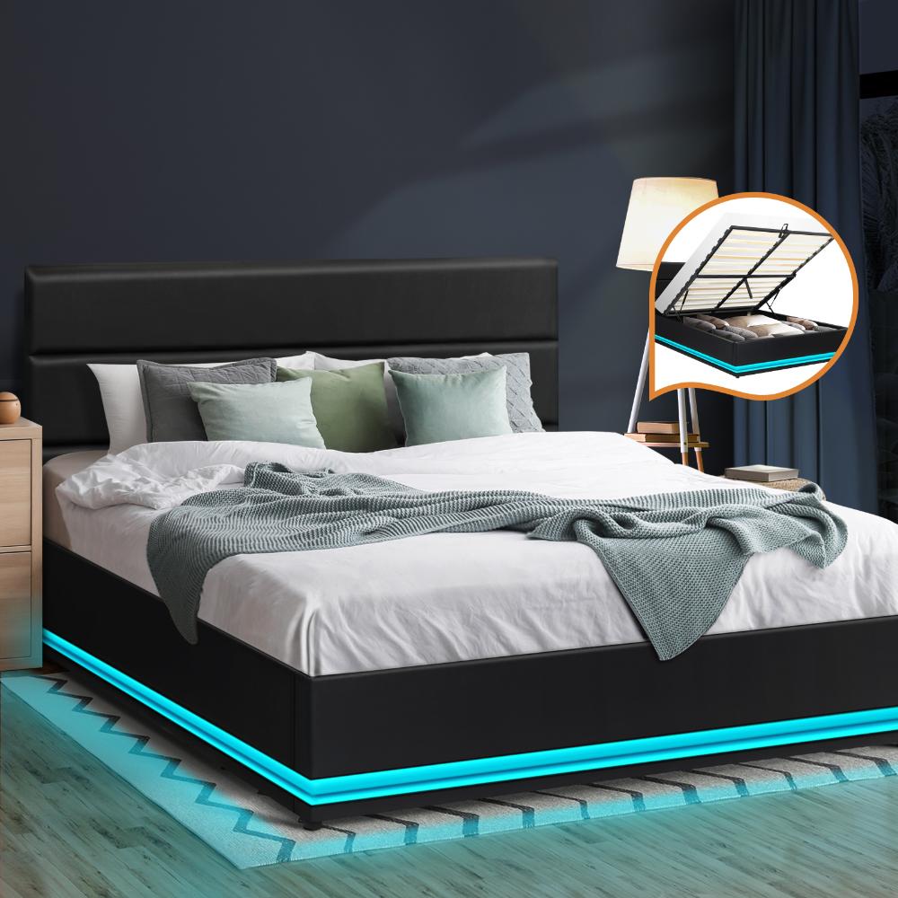 Oikiture Queen Bed Frame, RBG Mattress Base with Gas Lift and Storage Space Black-Bed Frame-PEROZ Accessories