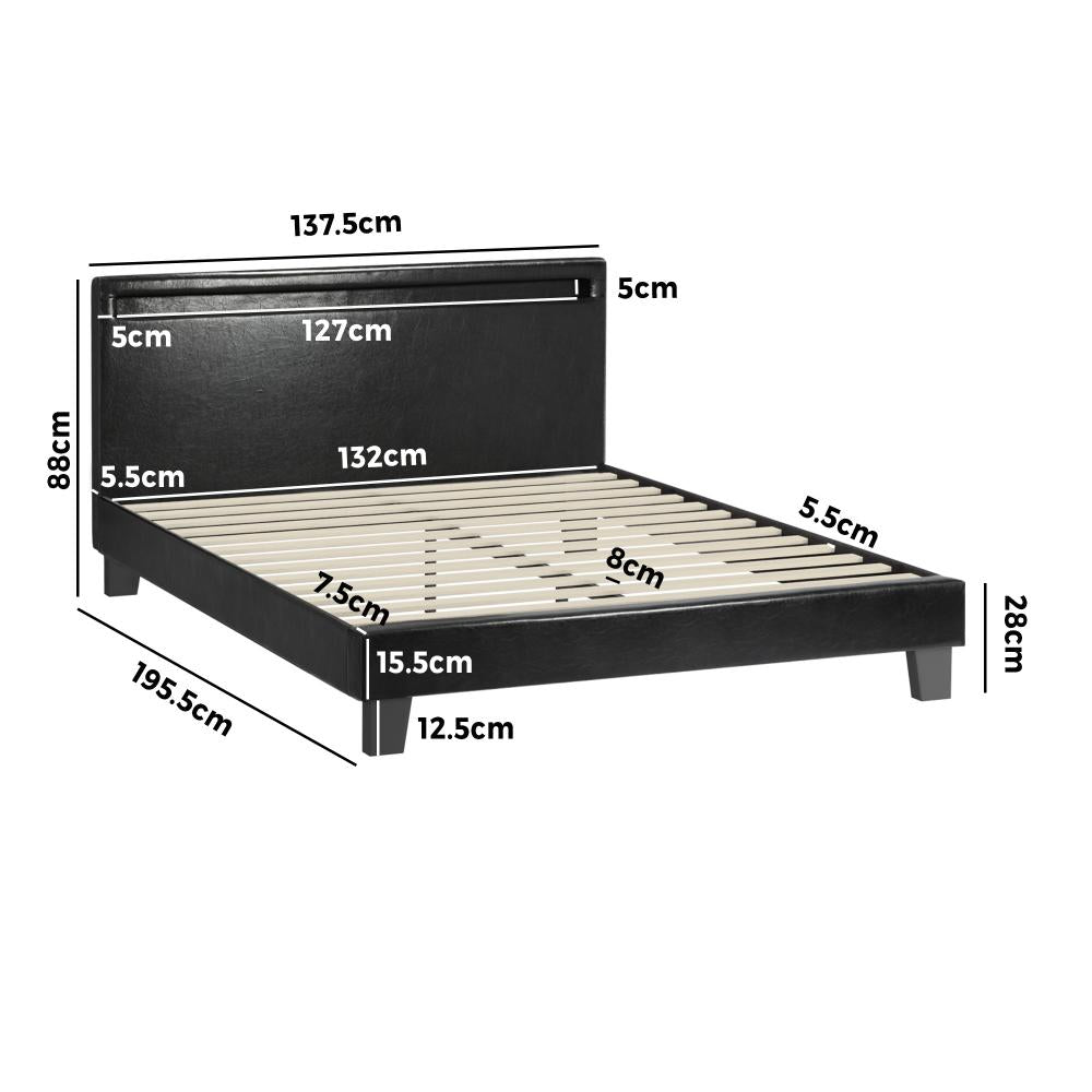Oikiture Bed Frame RGB LED Double Size Mattress Base Platform Wooden PU Leather-Bed Frame-PEROZ Accessories