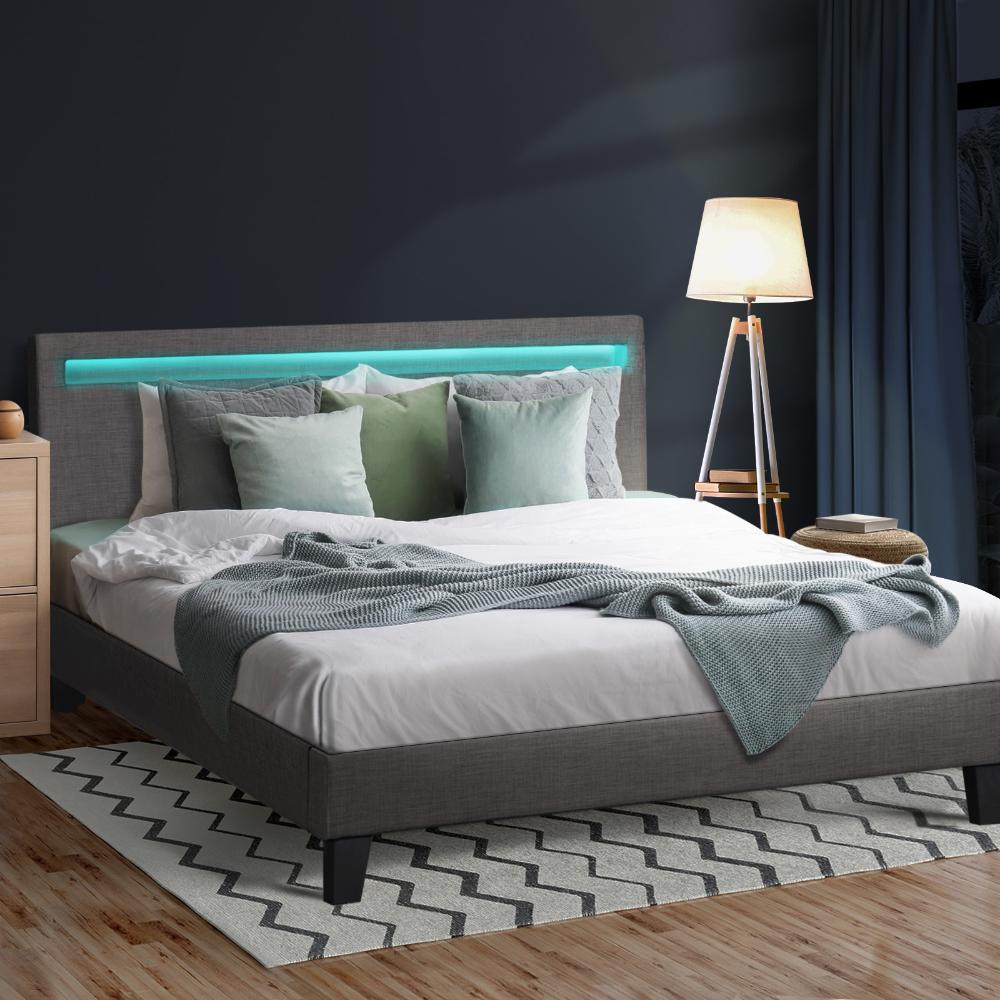 Oikiture Bed Frame RGB LED King Size Mattress Base Platform Wooden Grey Fabric-Bed Frame-PEROZ Accessories