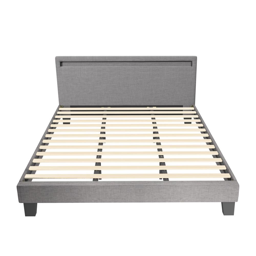 Oikiture Bed Frame RGB LED King Size Mattress Base Platform Wooden Grey Fabric-Bed Frame-PEROZ Accessories