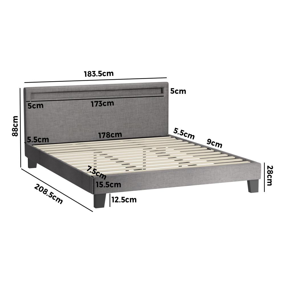 Oikiture Bed Frame RGB LED King Size Mattress Base Platform Wooden Grey Fabric-Bed Frame-PEROZ Accessories