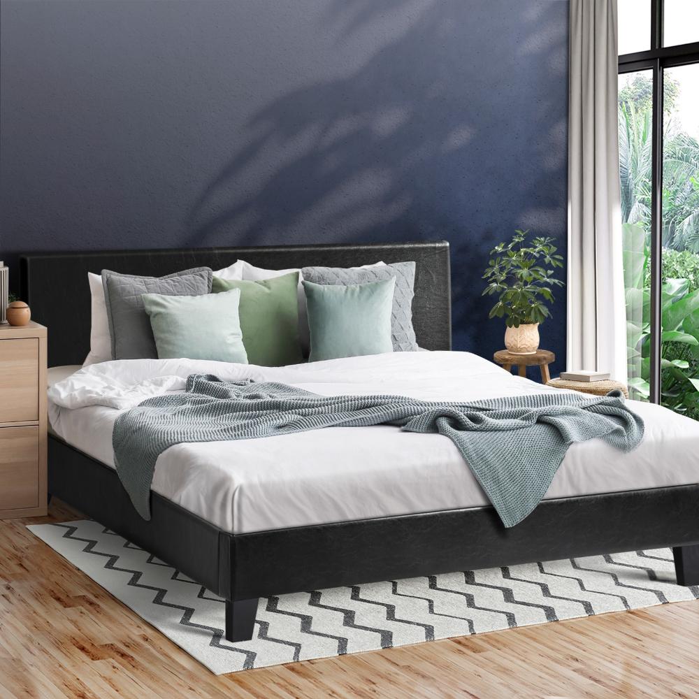 Oikiture Bed Frame Double Size Base Mattress Platform Leather Wooden Slats Black-Bed Frame-PEROZ Accessories