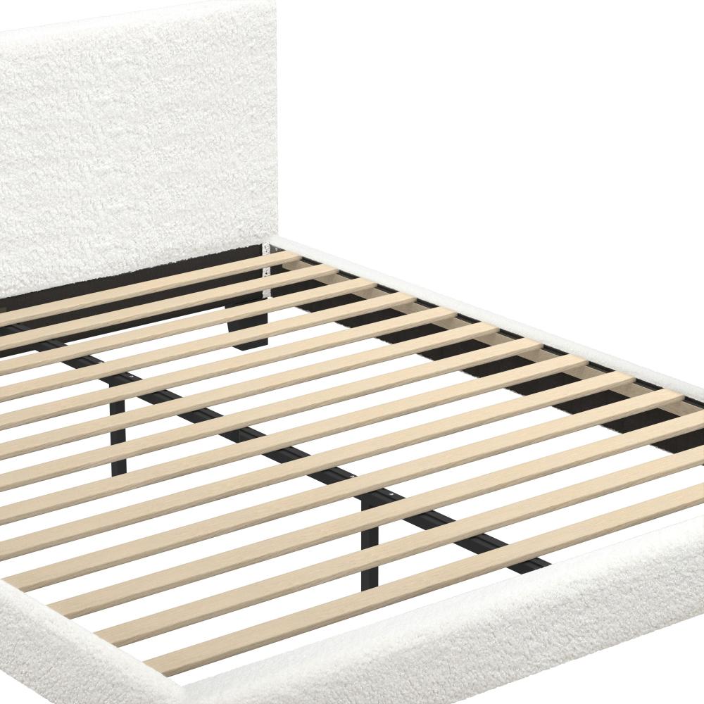 Oikiture Double Bed Frame with Wooden Slats and Boucle Fabric Bed Base Mattress Platfrom White