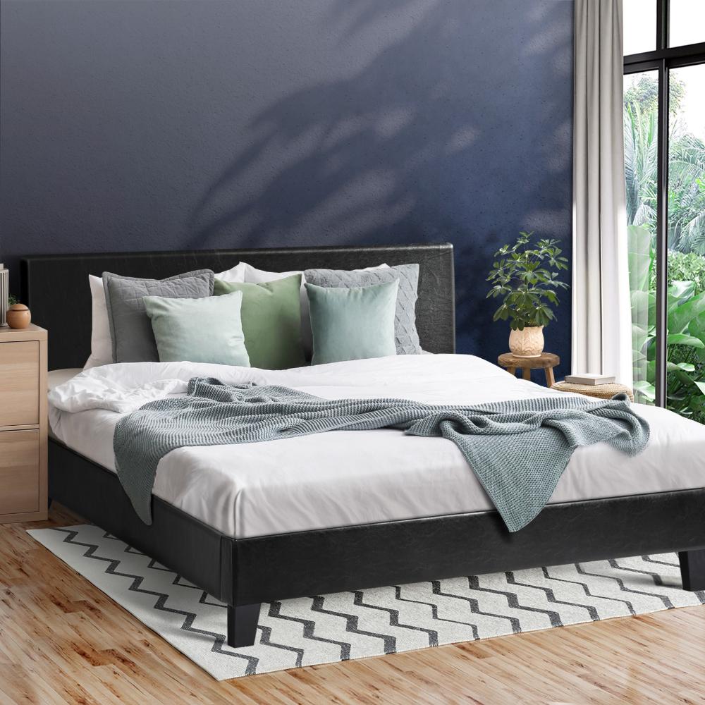 Oikiture Bed Frame Queen Size Base Mattress Platform Leather Wooden Slats Black-Bed Frame-PEROZ Accessories