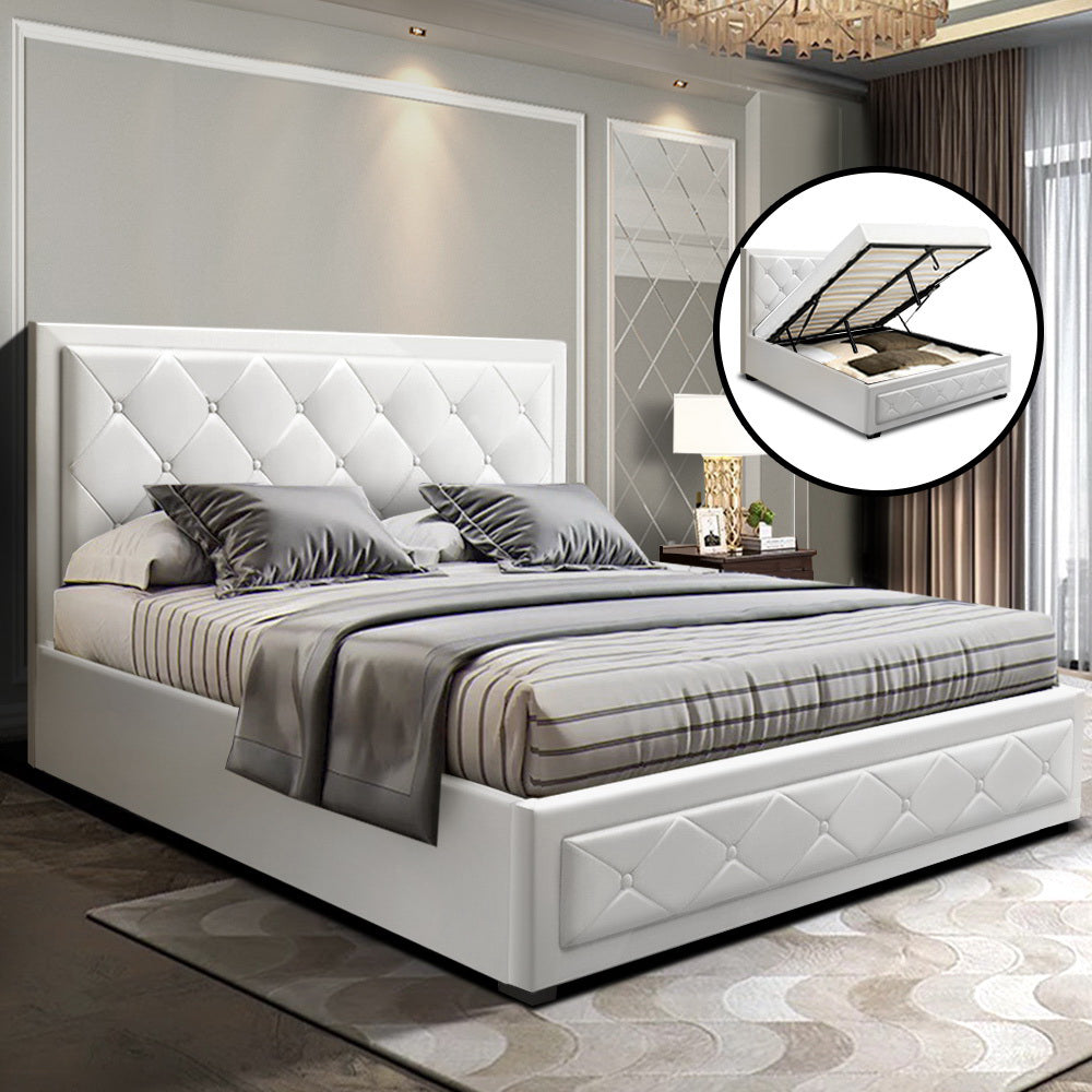 Artiss Tiyo Bed Frame PU Leather Gas Lift Storage - White Double-Furniture &gt; Bedroom - Peroz Australia - Image - 1