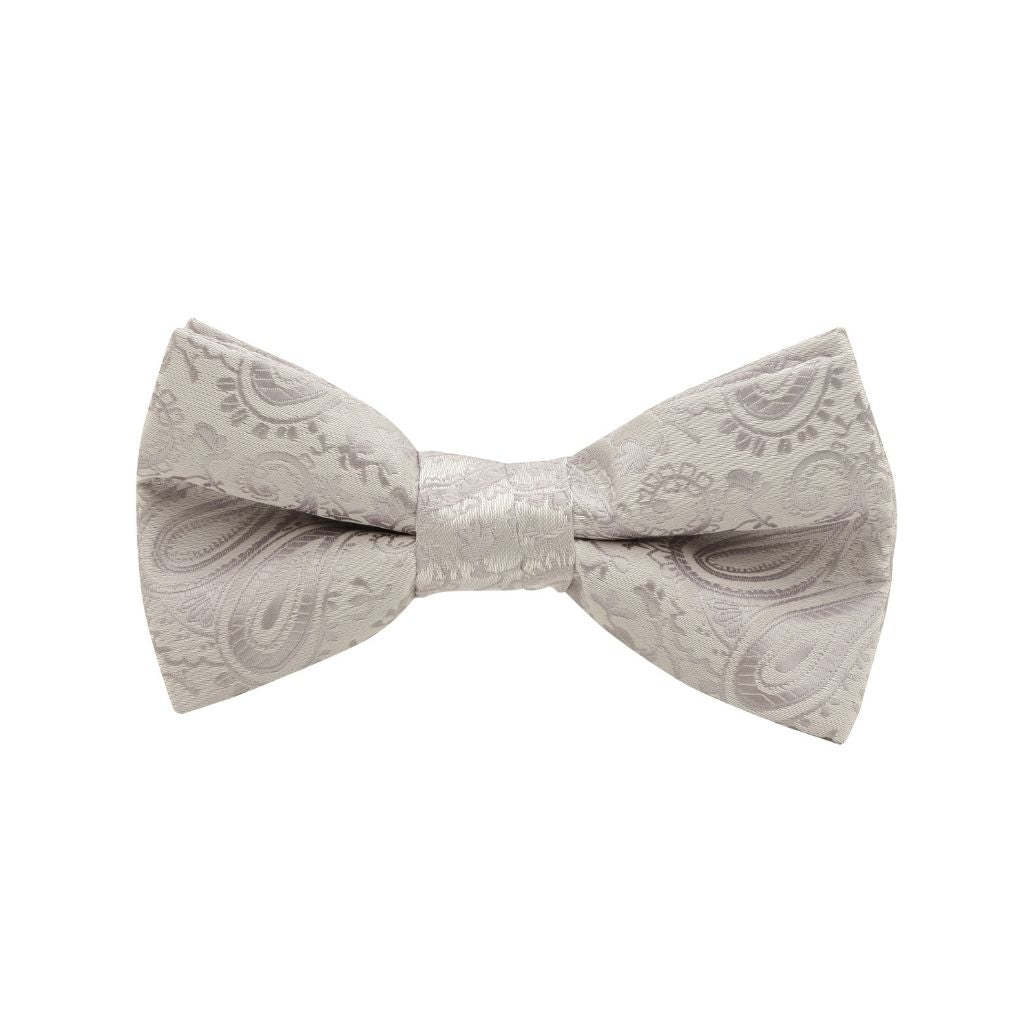 BOW TIE + POCKET SQUARE SET. Paisley. Silver. Supplied with matching pocket square.-Bow Ties-PEROZ Accessories