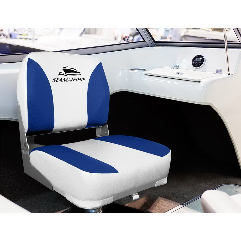 Seamanship Set of 2 Folding Swivel Boat Seats - White & Blue-Outdoor > Boating-PEROZ Accessories