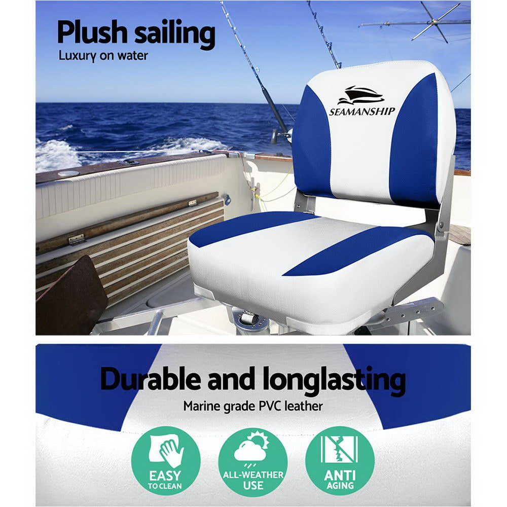 Seamanship Set of 2 Folding Swivel Boat Seats - White & Blue-Outdoor > Boating-PEROZ Accessories