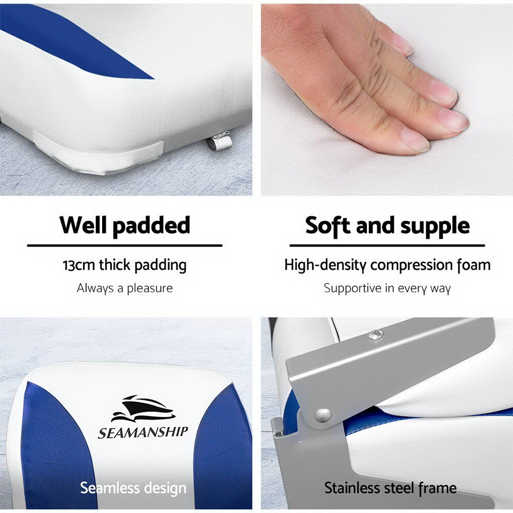 Seamanship Set of 2 Folding Swivel Boat Seats - White & Blue-Outdoor > Boating-PEROZ Accessories