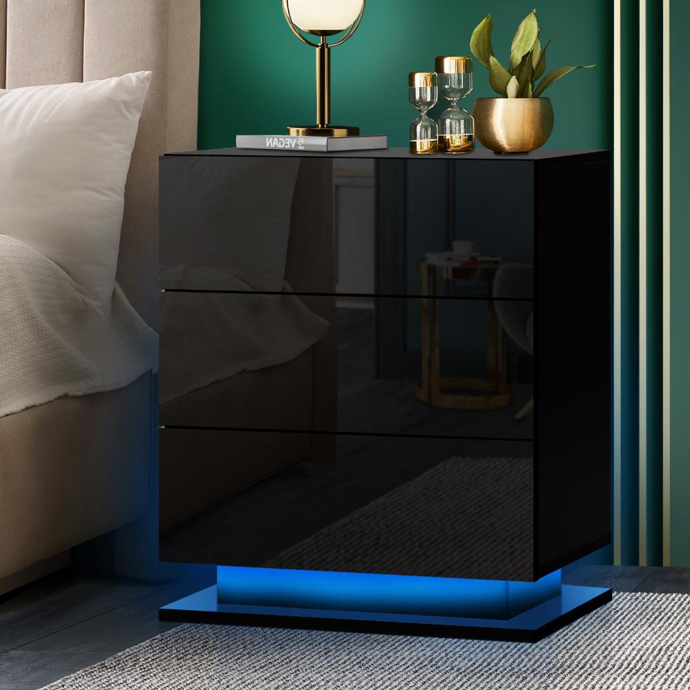 Oikiture Bedside Table RGB LED Nightstand Cabinet 3 Drawers Side Table Home Bedroom Furniture-Black-Bedside Table-PEROZ Accessories