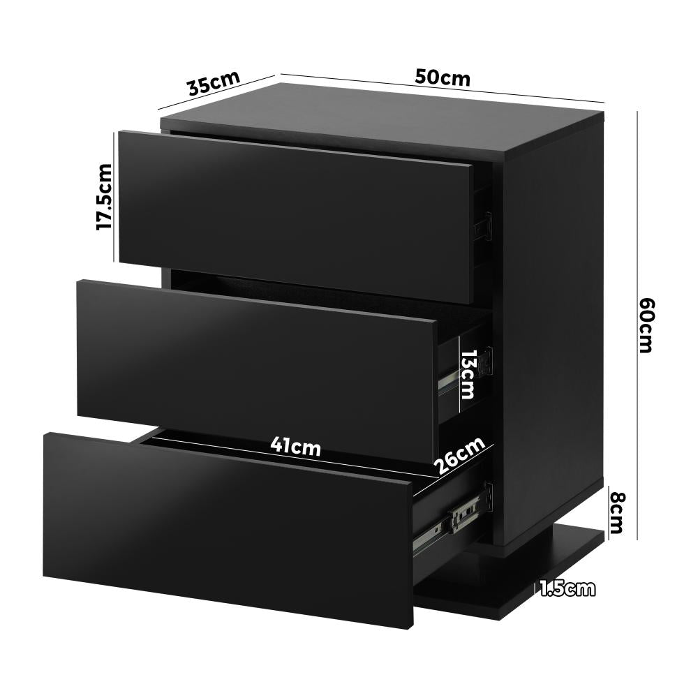 Oikiture Bedside Table RGB LED Nightstand Cabinet 3 Drawers Side Table Home Bedroom Furniture-Black-Bedside Table-PEROZ Accessories