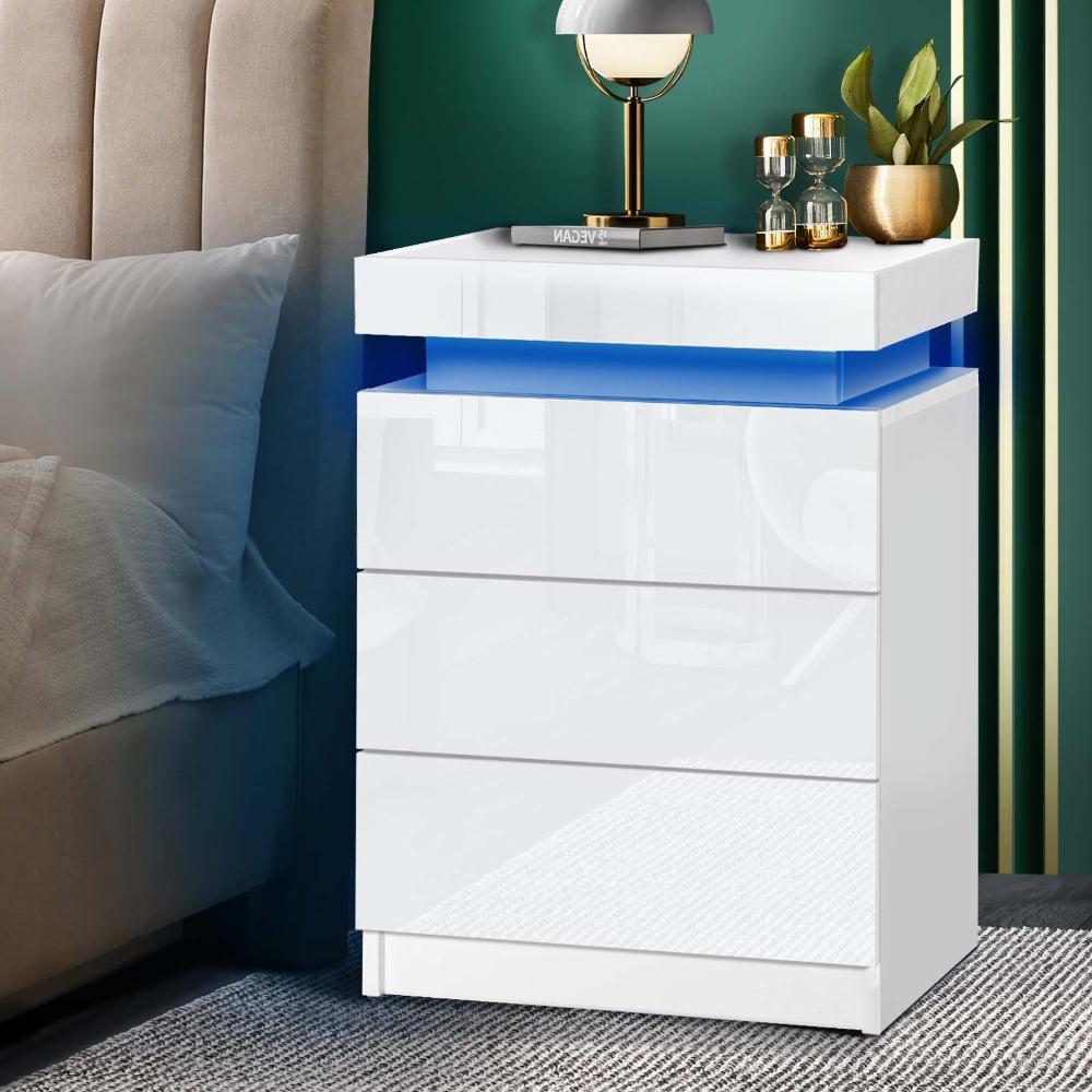 Oikiture Bedside Table RGB LED Nightstand Cabinet 3 Drawers Side Table Furniture White-Bedside Table-PEROZ Accessories