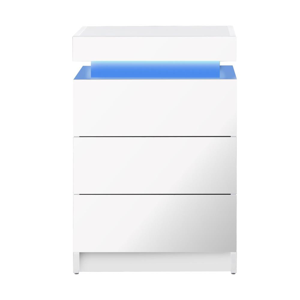 Oikiture Bedside Table RGB LED Nightstand Cabinet 3 Drawers Side Table Furniture White-Bedside Table-PEROZ Accessories