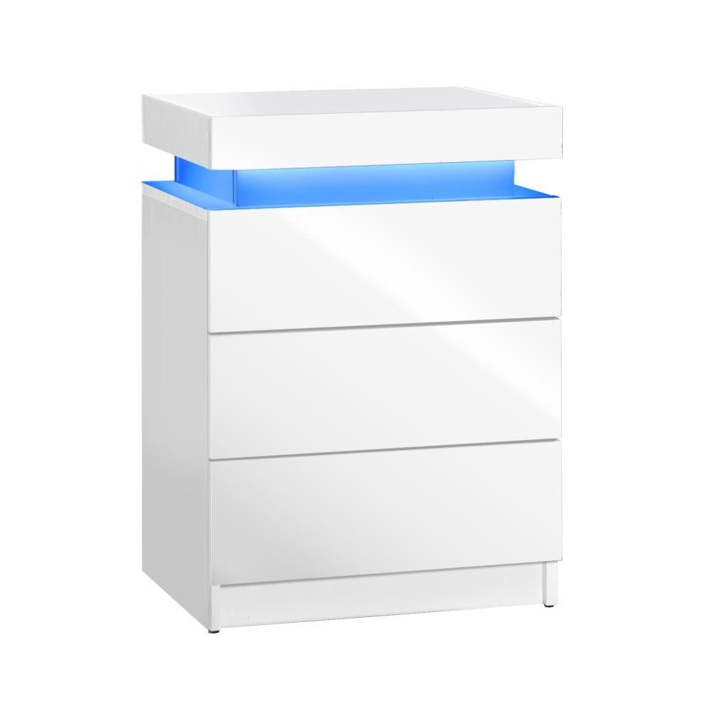 Oikiture Bedside Table RGB LED Nightstand Cabinet 3 Drawers Side Table Furniture White-Bedside Table-PEROZ Accessories