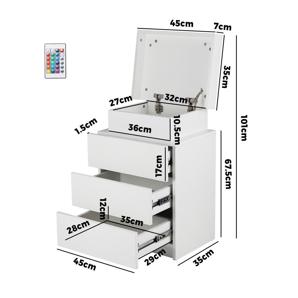 Oikiture Bedside Table RGB LED Nightstand Cabinet 3 Drawers Side Table Furniture White-Bedside Table-PEROZ Accessories
