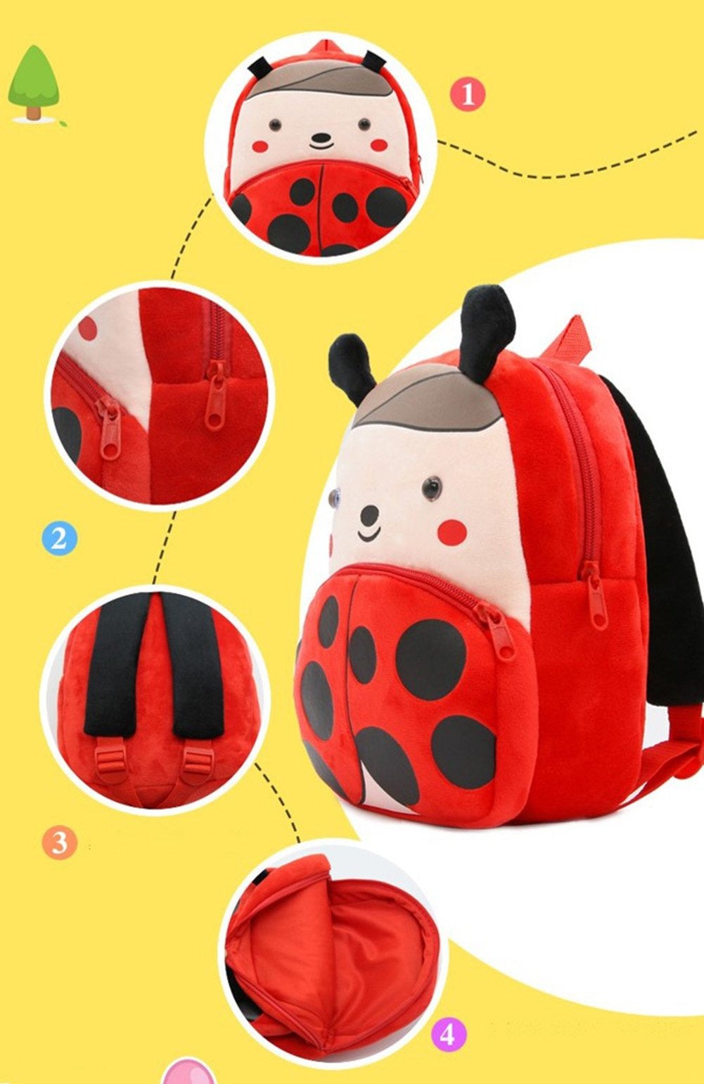 Anykidz 3D Red Ladybug Kids School Backpack Cute Cartoon Animal Style Children Toddler Plush Bag Perfect Accessories For Boys and Girls-Backpacks-PEROZ Accessories