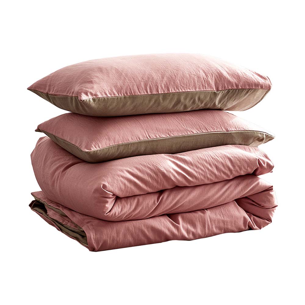 Cosy Club Washed Cotton Quilt Set Pink Brown Double-Quilt Set-PEROZ Accessories