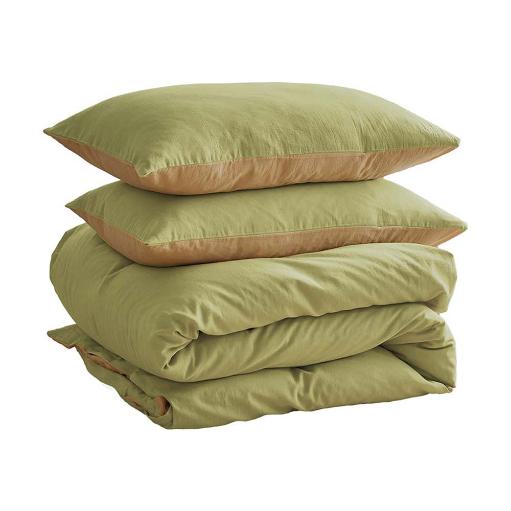 Cosy Club Washed Cotton Quilt Set Yellow Lime Double-Quilt Set-PEROZ Accessories