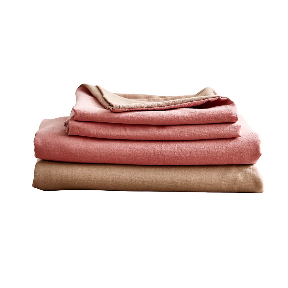 Cosy Club Washed Cotton Sheet Set Pink Brown Double-Bed Sheets-PEROZ Accessories