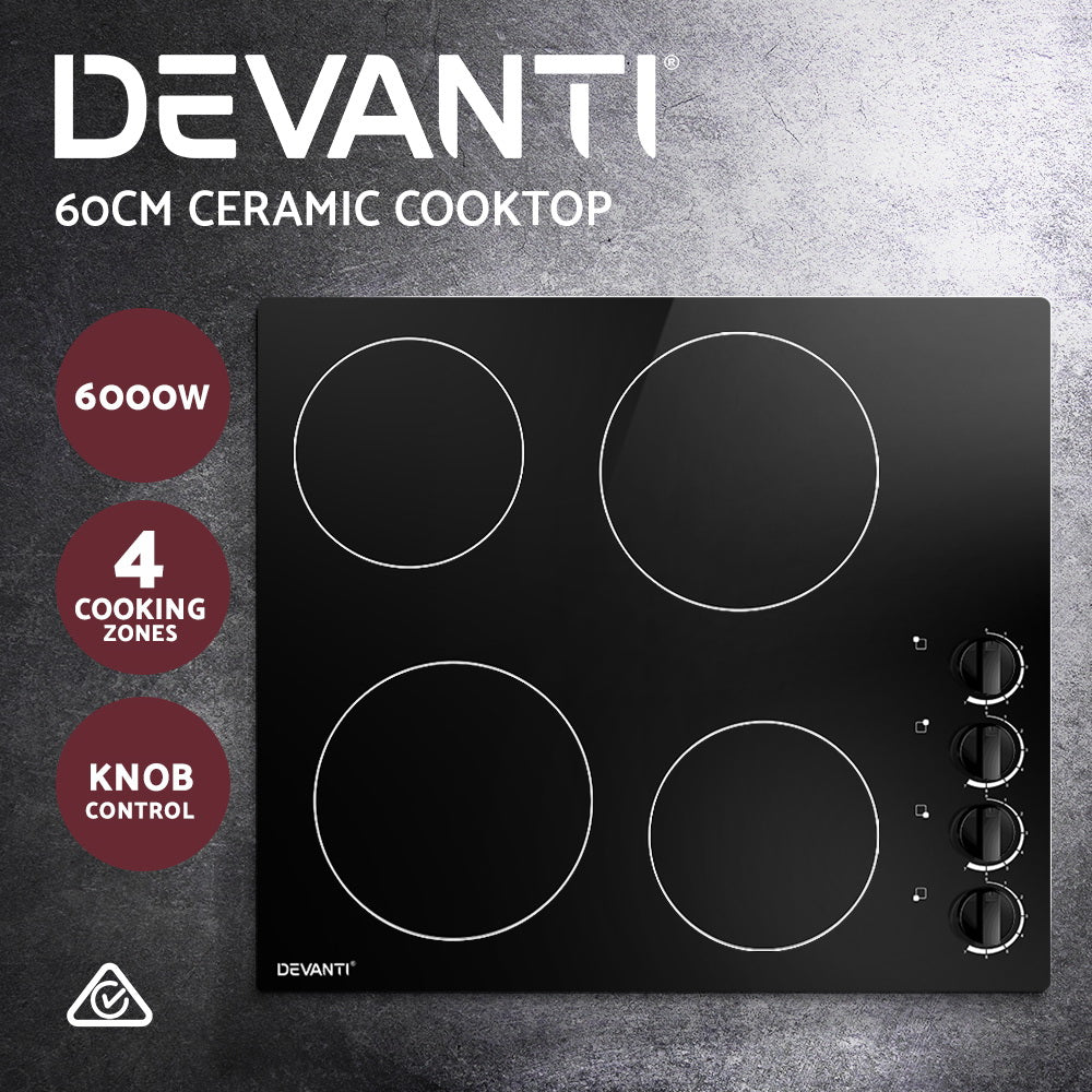 Devanti Ceramic Cooktop 60cm Electric Kitchen Burner Cooker 4 Zone Knobs Control-Appliances > Kitchen Appliances-PEROZ Accessories