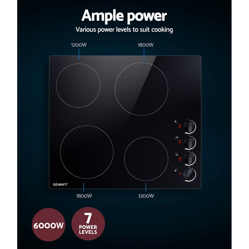 Devanti Ceramic Cooktop 60cm Electric Kitchen Burner Cooker 4 Zone Knobs Control-Appliances > Kitchen Appliances-PEROZ Accessories