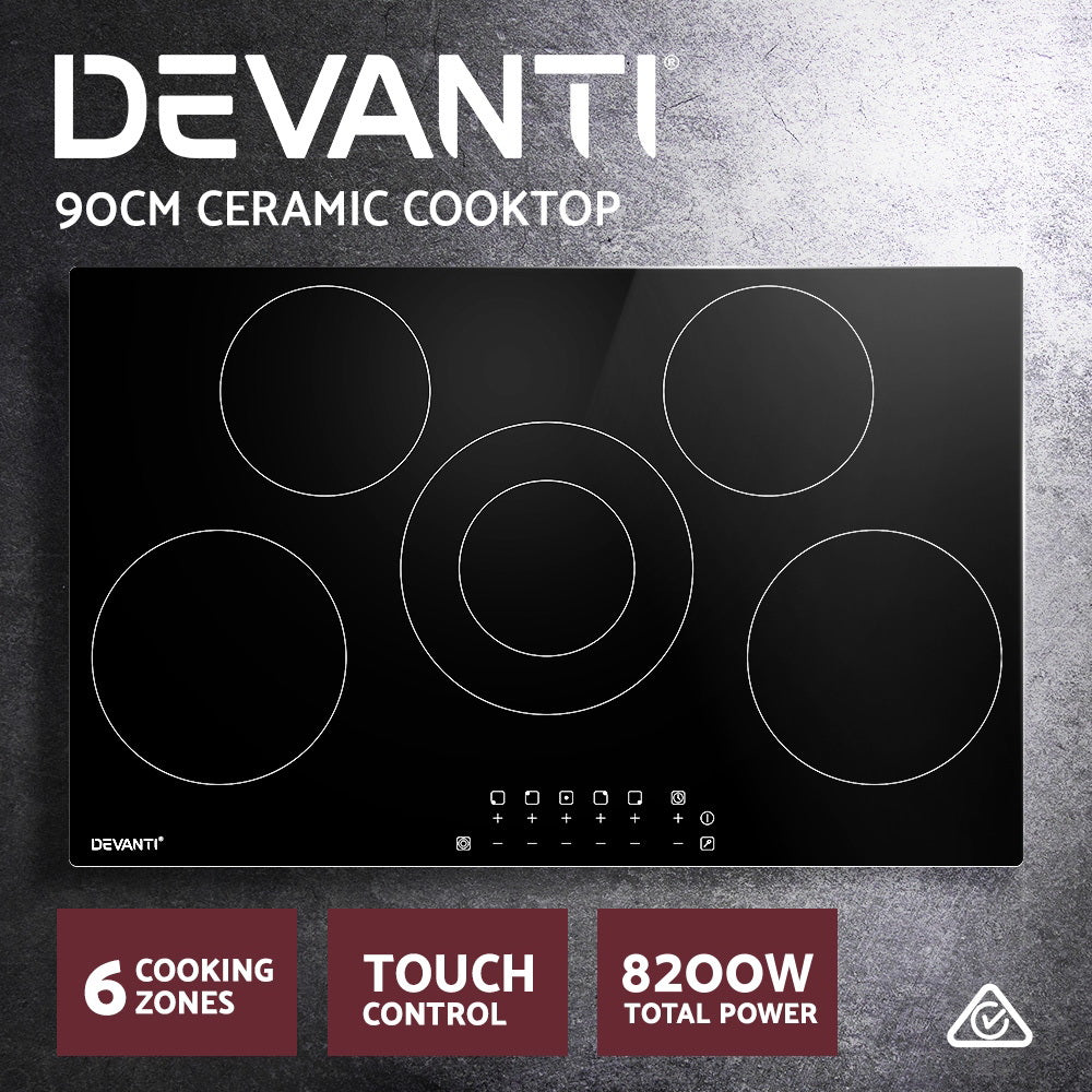 Devanti 90cm Ceramic Cooktop Electric Cook Top 5 Burner Stove Hob Touch Control 6-Zones-Appliances &gt; Kitchen Appliances-PEROZ Accessories