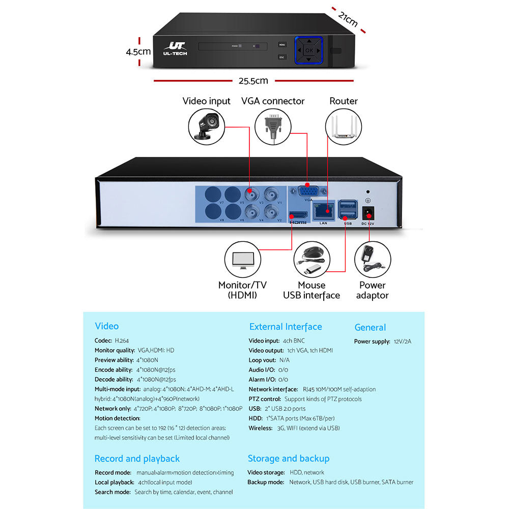 UL-TECH 4CH 5 IN 1 DVR CCTV Security System Video Recorder 4 Cameras 1080P HDMI Black-Audio & Video > CCTV-PEROZ Accessories