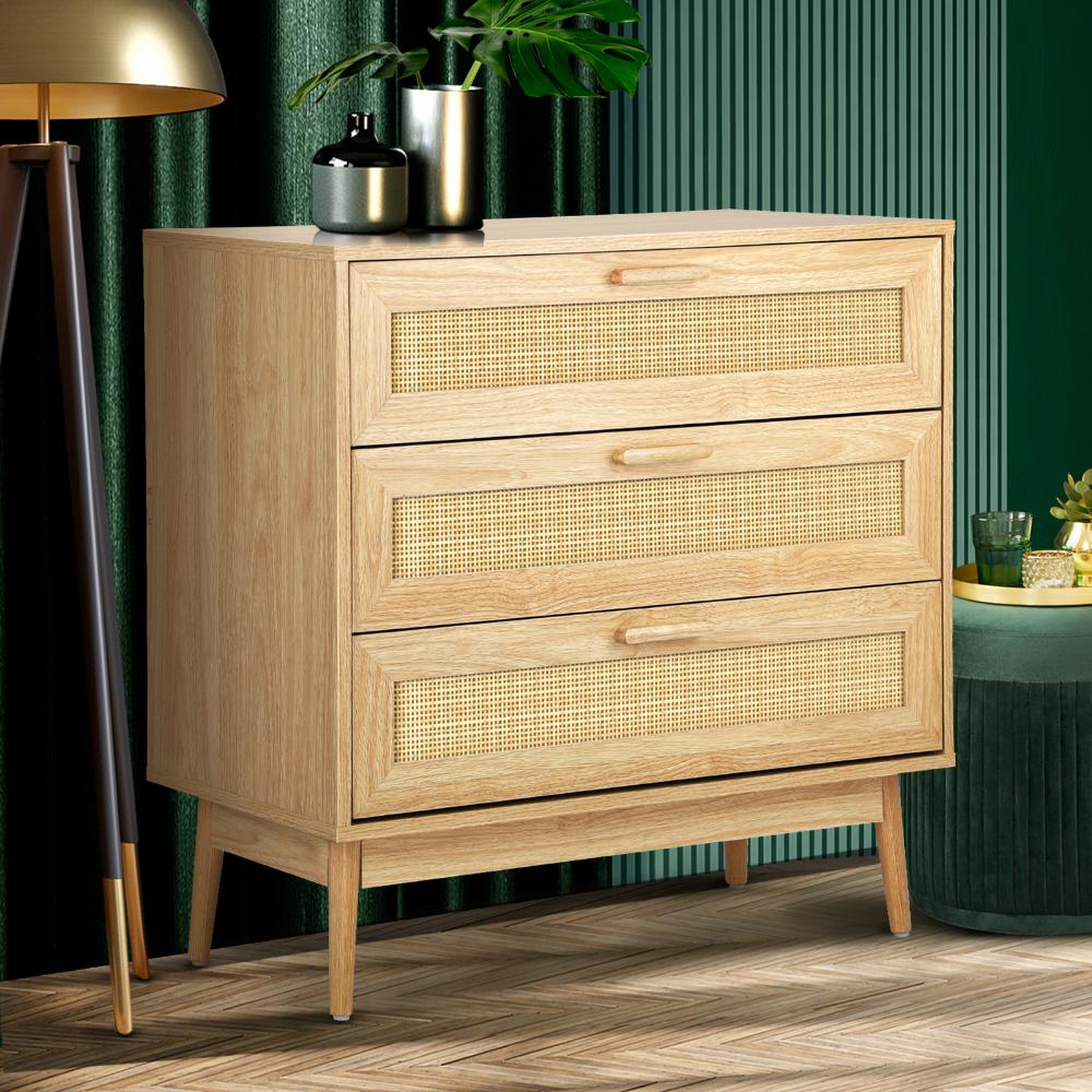 Oikiture 3 Chest of Drawers Tallboy Cabinet Clothes Storage Rattan Furniture-Chest of Drawers-PEROZ Accessories
