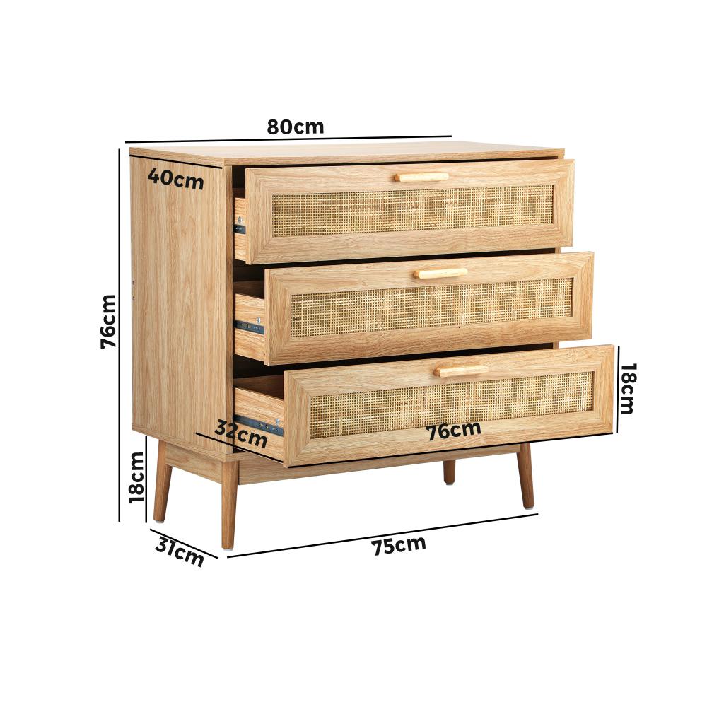 Oikiture 3 Chest of Drawers Tallboy Cabinet Clothes Storage Rattan Furniture-Chest of Drawers-PEROZ Accessories