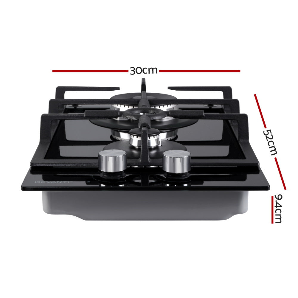 Devanti Gas Cooktop 30cm Gas Stove Cooker 2 Burner Cook Top Konbs NG LPG Black-Appliances > Kitchen Appliances-PEROZ Accessories