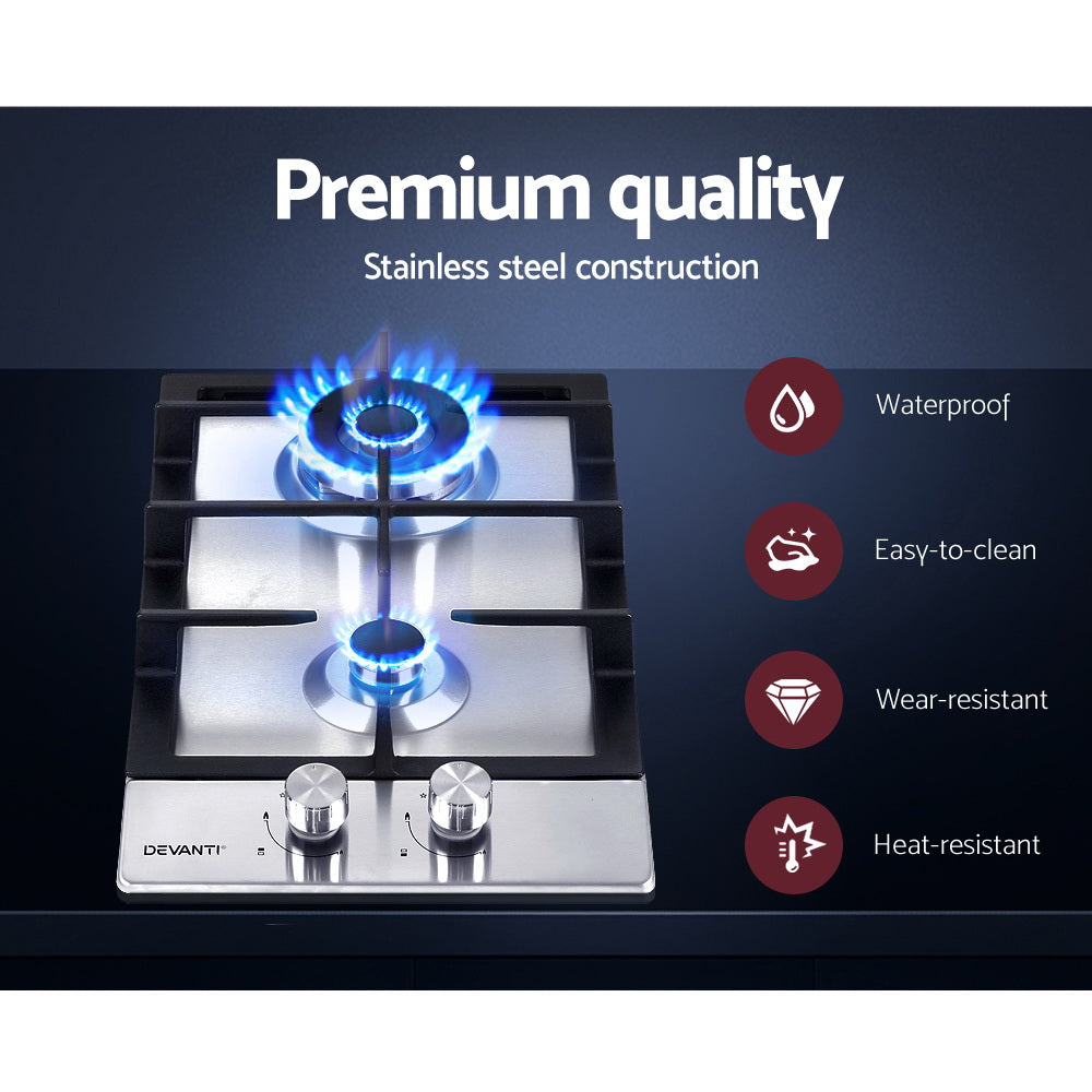 Devanti Gas Cooktop 30cm Gas Stove Cooker 2 Burner Cook Top Konbs NG LPG Steel-Appliances > Kitchen Appliances-PEROZ Accessories