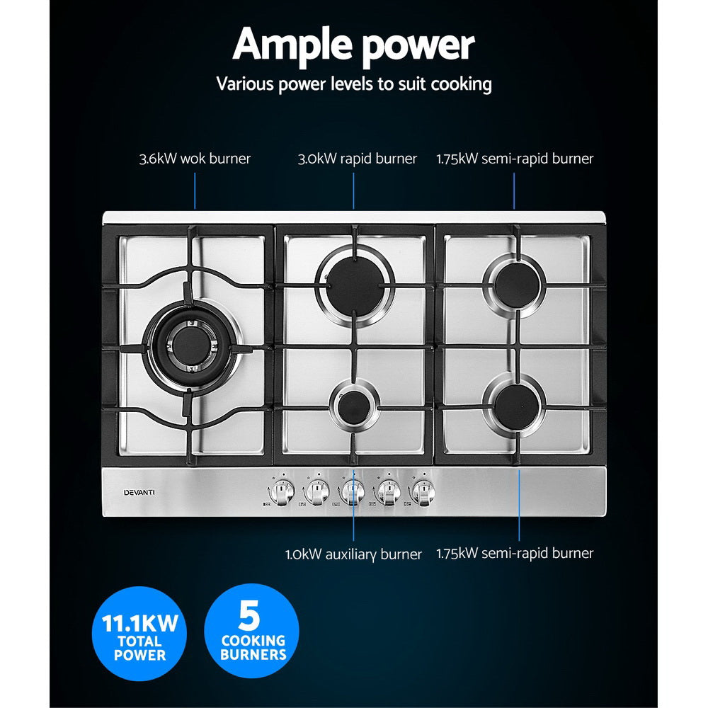 Devanti Gas Cooktop 90cm Kitchen Stove Cooker 5 Burner Stainless Steel NG/LPG Silver-Appliances > Kitchen Appliances-PEROZ Accessories