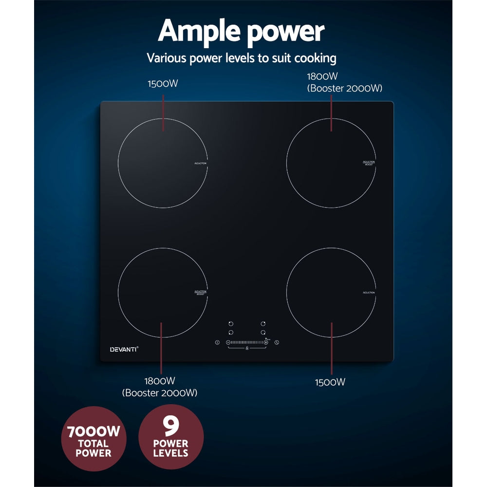 Devanti Electric Induction Cooktop 60cm Ceramic 4 Zones Stove Cook Top Hot Plate-Appliances > Kitchen Appliances-PEROZ Accessories