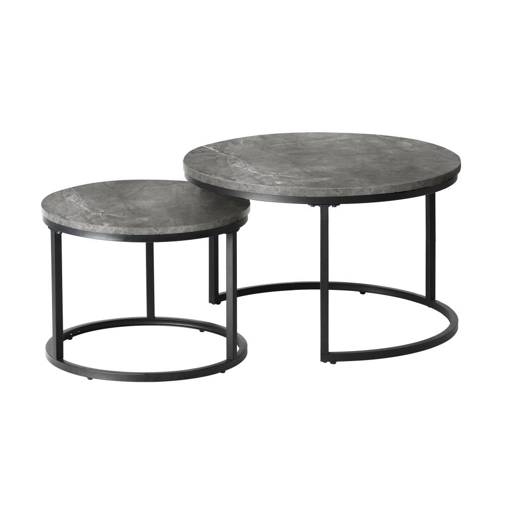 Oikiture Set of 2 Coffee Table Round Marble Nesting Side End Table Grey &amp; Black-Coffee Table-PEROZ Accessories