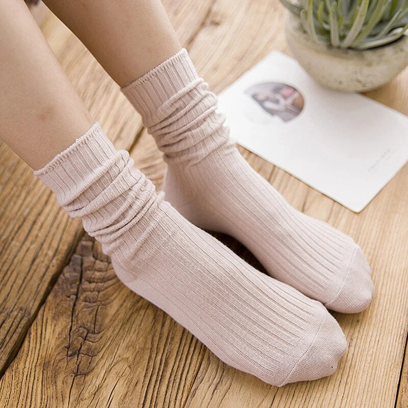 Anysox 5 Pairs One Size 36-43 Pink Retro Long Knitted Socks Cotton Autumn Winter Solid Color Women Student Girls-Socks-PEROZ Accessories