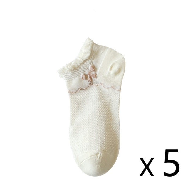 Anysox 5 Pairs One Size 35-40 Summer Short Boat Invisible Chaussette Ribbon Print Cotton Ankle Breathable Women Sock-Socks-PEROZ Accessories