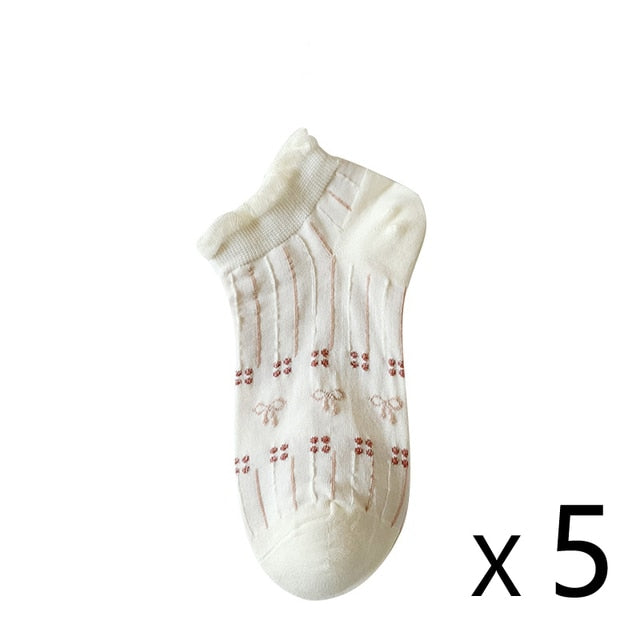 Anysox 5 Pairs One Size 35-40 Summer Short Boat Invisible Chaussette Cherry Ribbon Cotton Ankle Breathable Women Sock-Socks-PEROZ Accessories