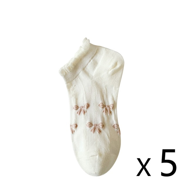 Anysox 5 Pairs One Size 35-40 Cute Summer Short Boat Invisible Chaussette Ribbon Print Cotton Ankle Breathable Women Sock-Socks-PEROZ Accessories