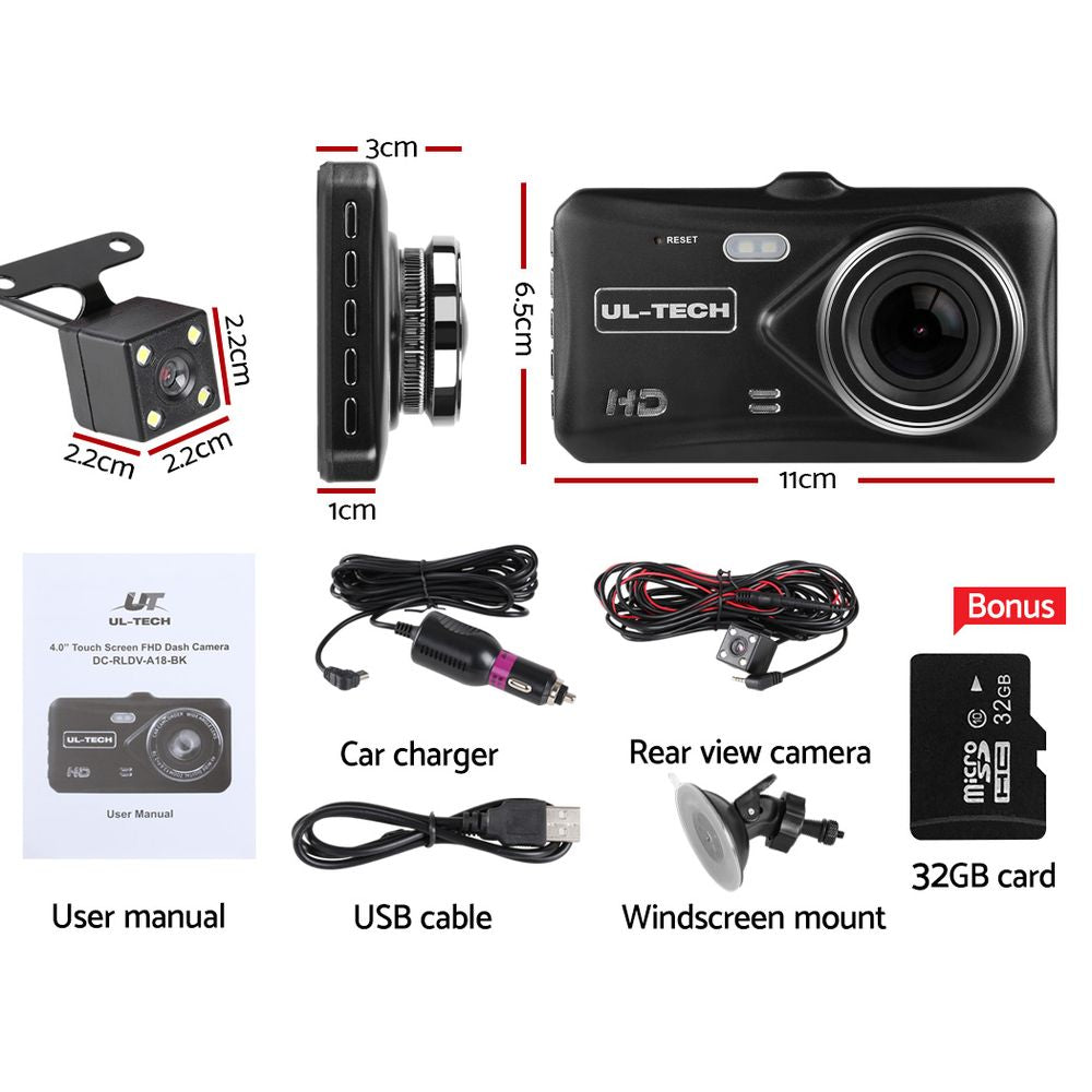 UL Tech 4 Inch Dual Camera Dash Camera - Black-Auto Accessories > Audio-PEROZ Accessories