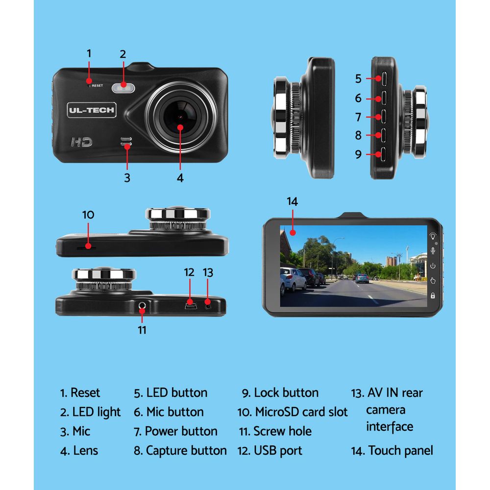 UL Tech 4 Inch Dual Camera Dash Camera - Black-Auto Accessories > Audio-PEROZ Accessories