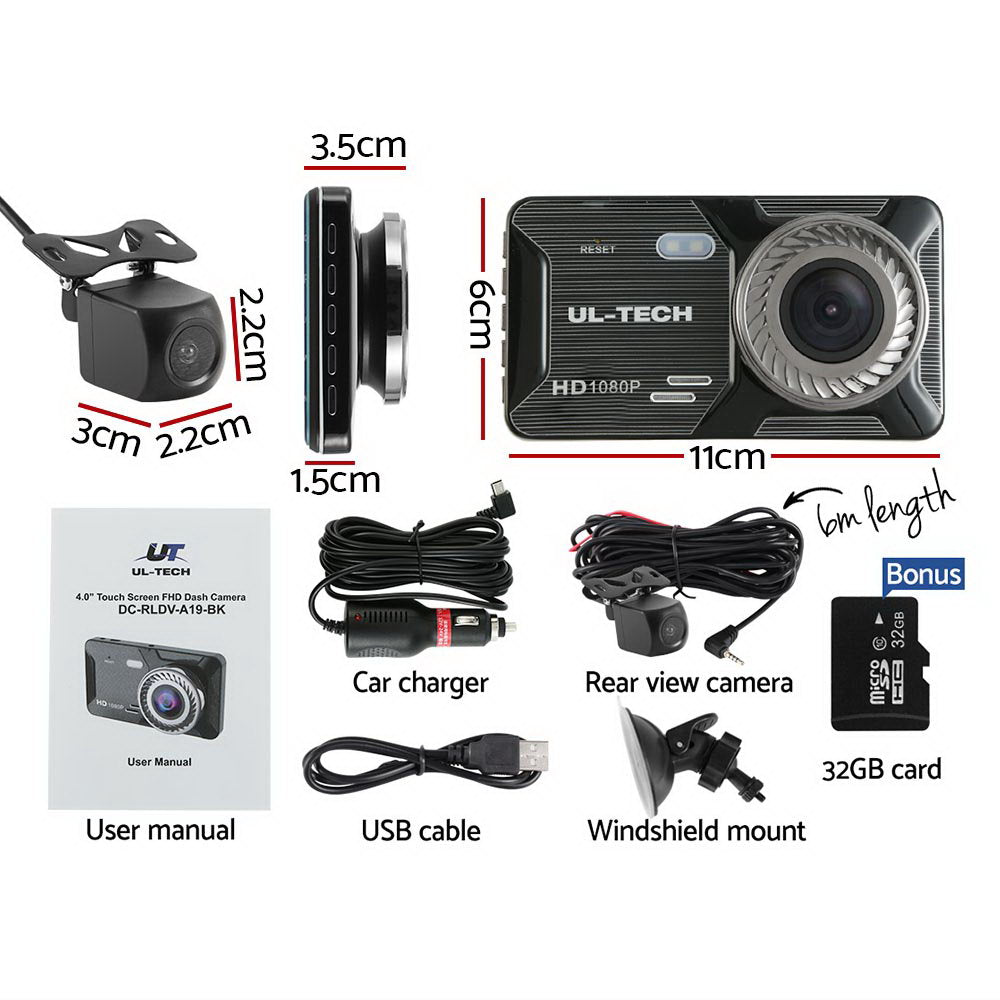 UL-tech 1080P 4" Dash Camera Dual Lens Car DVR Recorder Front Rear Night Vision-Auto Accessories > Audio-PEROZ Accessories