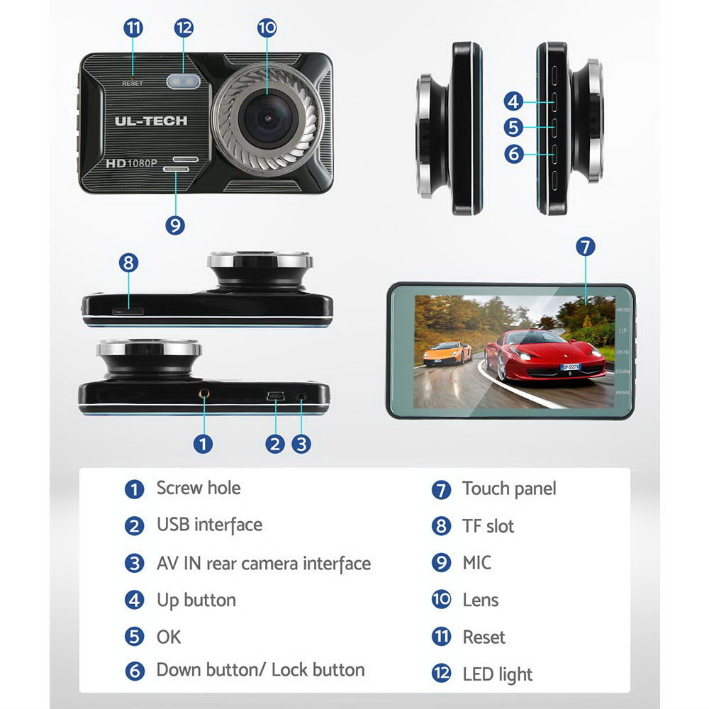 UL-tech 1080P 4" Dash Camera Dual Lens Car DVR Recorder Front Rear Night Vision-Auto Accessories > Audio-PEROZ Accessories
