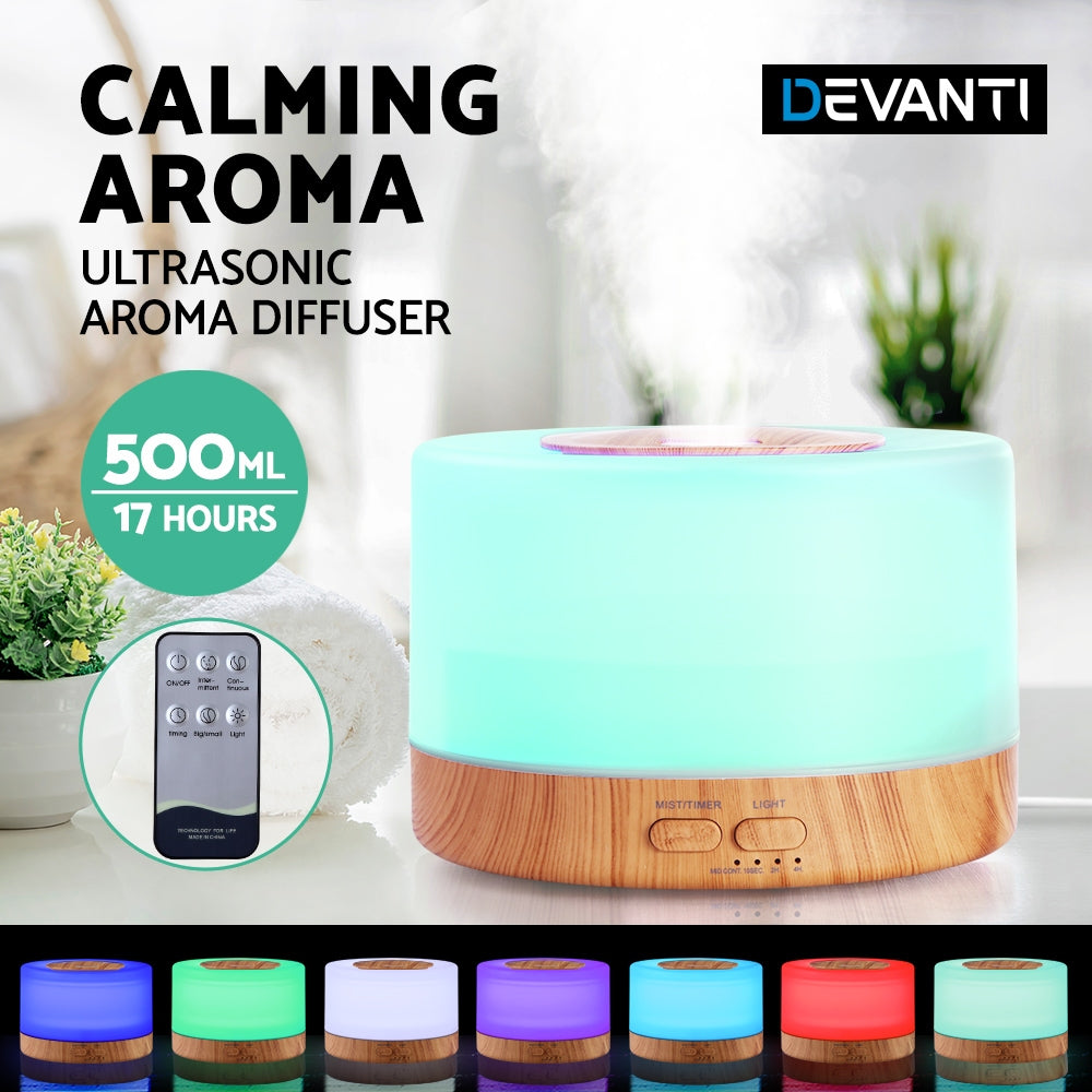DEVANTI Aroma Diffuser Aromatherapy LED Night Light Air Humidifier Purifier Round Light Wood Grain 500ml Remote Control-Appliances > Aroma Diffusers & Humidifiers-PEROZ Accessories