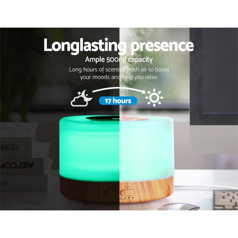 DEVANTI Aroma Diffuser Aromatherapy LED Night Light Air Humidifier Purifier Round Light Wood Grain 500ml Remote Control-Appliances > Aroma Diffusers & Humidifiers-PEROZ Accessories