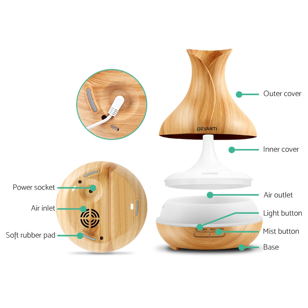 Devanti 400ml 4 in 1 Aroma Diffuser remote control - Light Wood-Appliances > Aroma Diffusers & Humidifiers-PEROZ Accessories