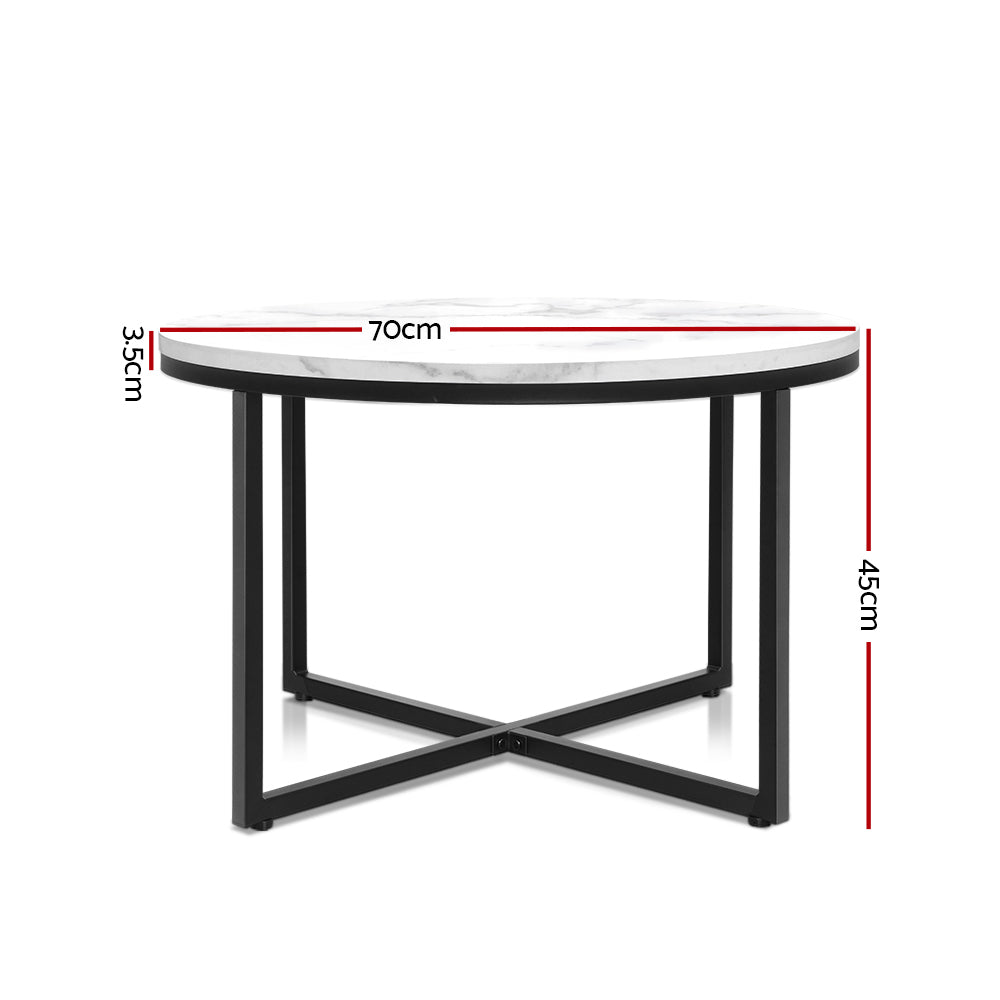 Artiss Coffee Table Marble Effect Side Tables Bedside Round Black Metal 70X70CM-Furniture > Dining - Peroz Australia - Image - 2