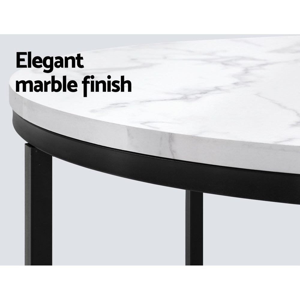 Artiss Coffee Table Marble Effect Side Tables Bedside Round Black Metal 70X70CM-Furniture > Dining - Peroz Australia - Image - 3