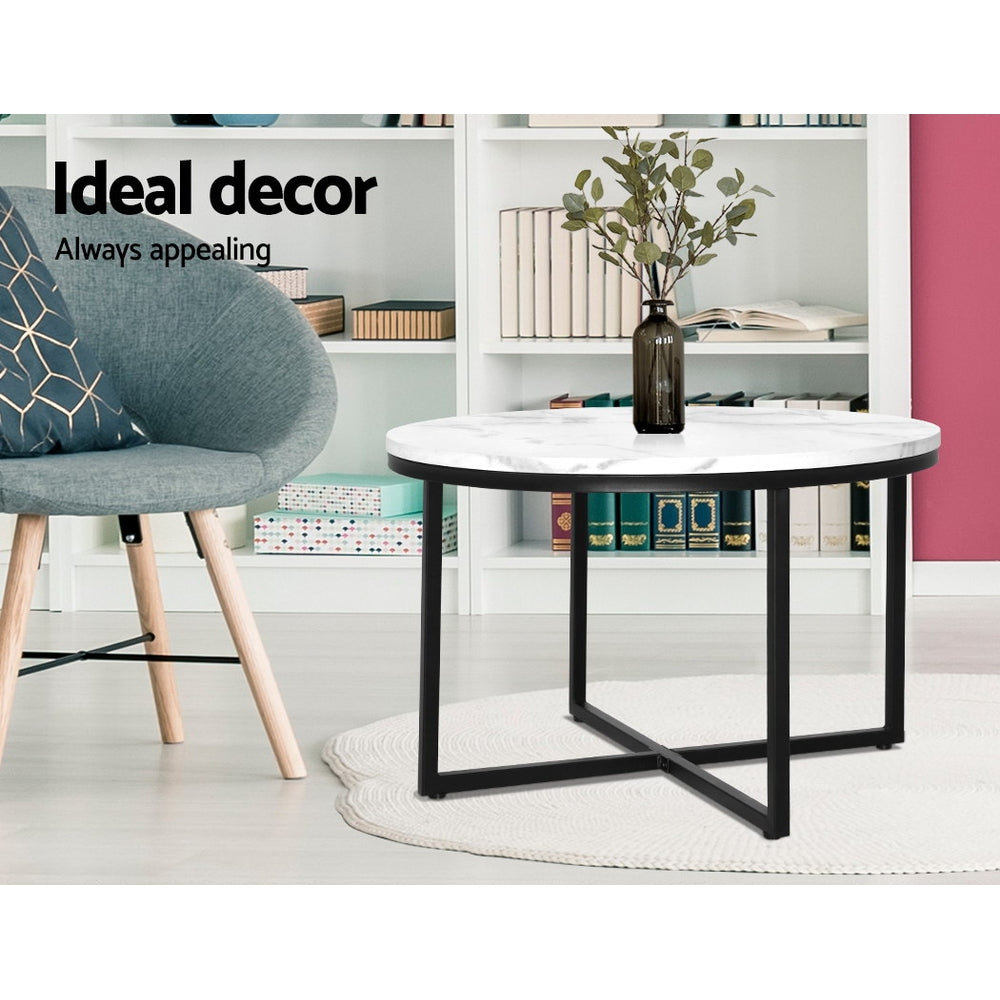 Artiss Coffee Table Marble Effect Side Tables Bedside Round Black Metal 70X70CM-Furniture > Dining - Peroz Australia - Image - 5