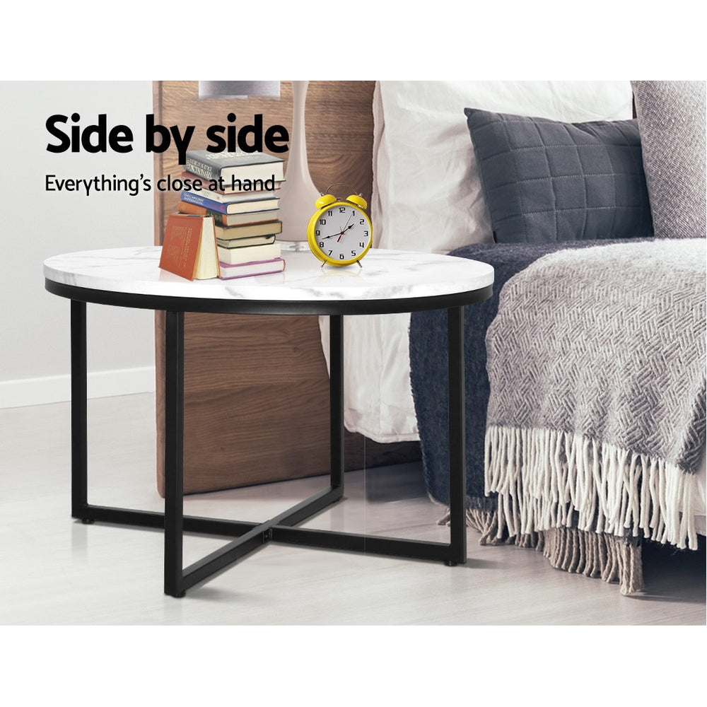 Artiss Coffee Table Marble Effect Side Tables Bedside Round Black Metal 70X70CM-Furniture > Dining - Peroz Australia - Image - 7