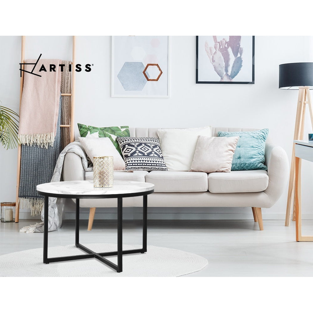 Artiss Coffee Table Marble Effect Side Tables Bedside Round Black Metal 70X70CM-Furniture > Dining - Peroz Australia - Image - 8